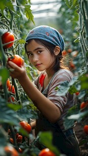女孩在番茄园专注采摘
