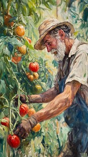 老农田园间专注采摘番茄