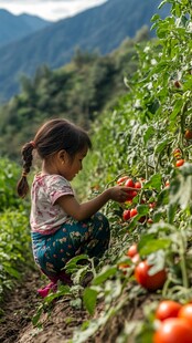 小女孩田间采摘红番茄
