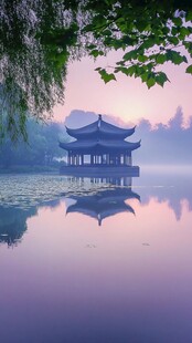 湖畔古亭晨景 宁静诗意