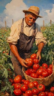 老农田间喜获丰收西红柿