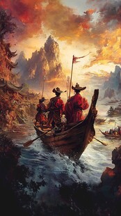 古风江上衙役乘船图