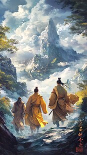 三位行者漫步仙山云雾间