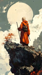 高僧立崖畔 望月思禅境