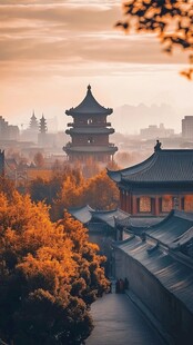 夕阳下的中式古建筑美景