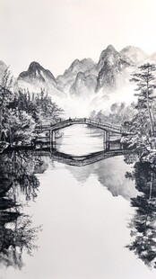 水墨山水间的桥影