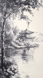 湖畔古亭黑白写意画