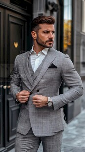 帅气男士身着时尚格纹西装