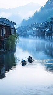 江南水乡晨景 小船悠悠行