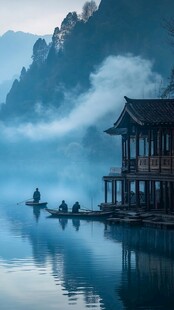 山水间的静谧渔舟古亭