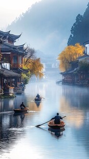 水乡晨景 小船悠荡于古宅间