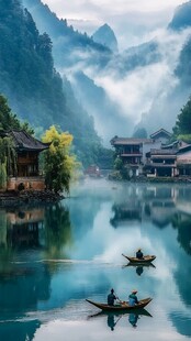 水墨山水间的悠然泛舟景