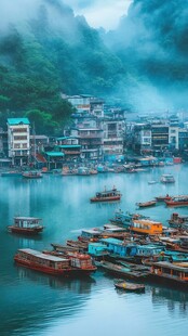 雾中江畔渔村美景
