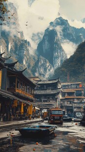 古风山水小镇临水景致