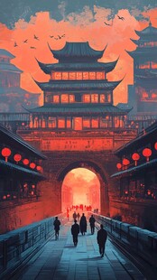 古风城门下的黄昏漫步