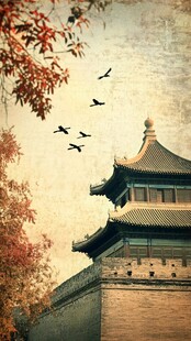 秋日古城飞鸟图