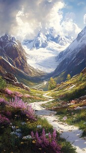 山间繁花小径与壮丽雪山