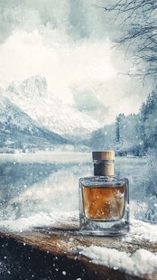 冬日湖畔的精致香水瓶