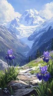 高山间绽放的紫色鸢尾花