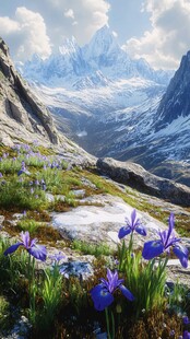 高山间绽放的紫色鸢尾花