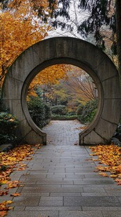 秋日圆门景 落叶铺幽径