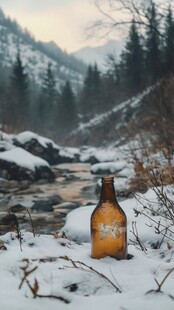 雪野中的孤独啤酒瓶