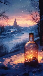 雪夜瓶灯中的梦幻村庄