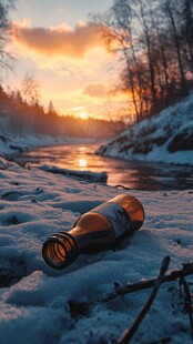 雪野中废弃的玻璃瓶