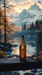 湖畔山林中的啤酒瓶美景