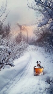 雪中小径上的精致香水瓶