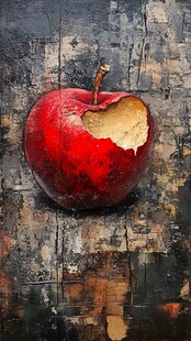 咬过的红苹果静物画