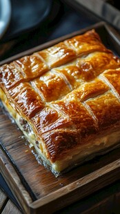 美味千层酥摆于木盘之上