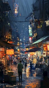 雨夜中的热闹市井小巷