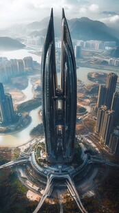 未来感双塔摩天都市景观