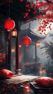 古风庭院红灯映照诗意景