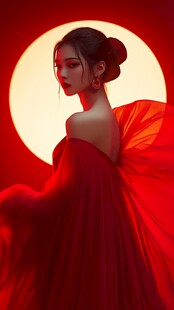 红衣女子于红月背景下