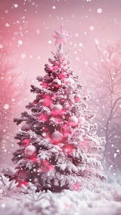 梦幻粉色圣诞树雪景