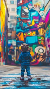 小孩凝视街头多彩涂鸦