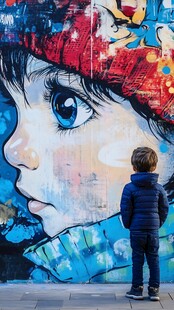 小孩凝视街头艺术画作