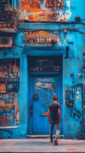 男子漫步于多彩涂鸦蓝墙