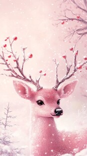 梦幻粉鹿于飘雪冬日