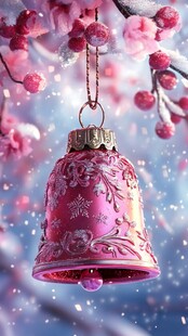 粉色圣诞铃铛挂于花枝间