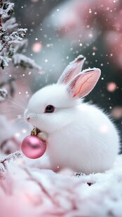 雪地白兔衔粉球迎圣诞
