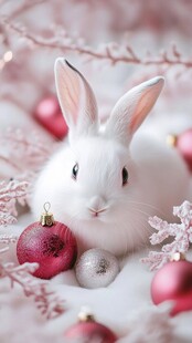 圣诞白兔与装饰的温馨画面