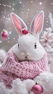 冬日萌兔戴花环披粉围巾