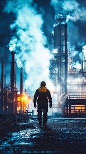 夜幕下的炼油厂工人背影