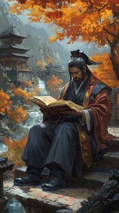 古风文人秋景中专注读书