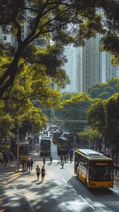 城市绿荫下的公交出行景象