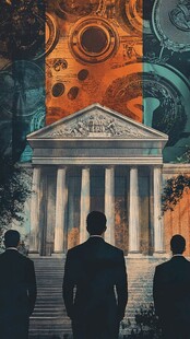 三人凝视古典建筑与奇幻背景