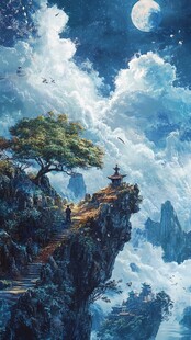 月夜山崖古景奇幻意境